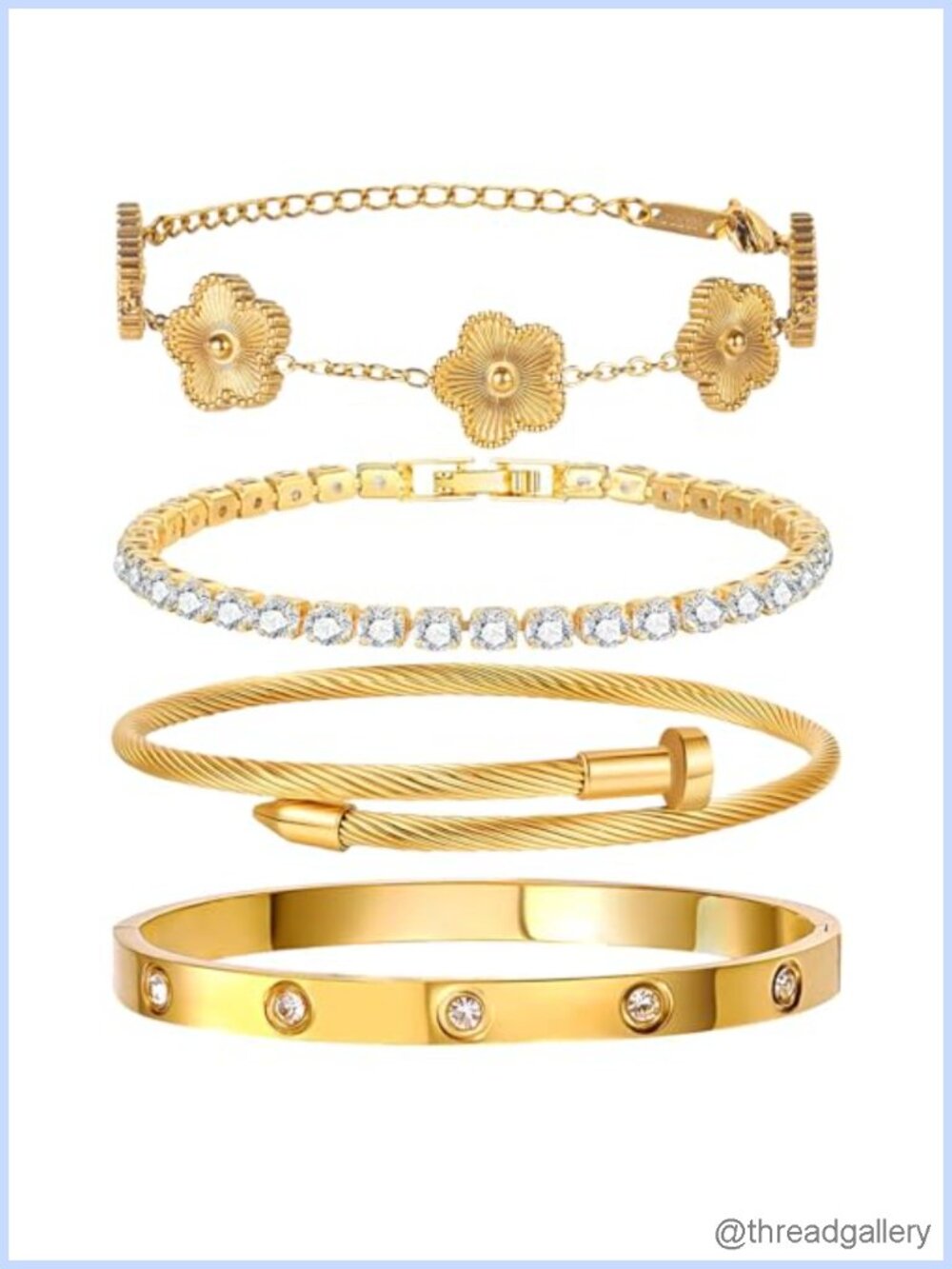 18K Gold Plated Stackable Bracelet Set 4 Pcs Love Bangle Nail Clover CZ Tennis